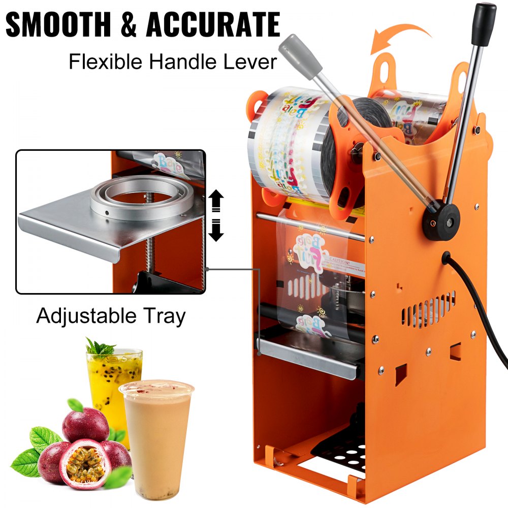 Manual Tea Cup Sealer Machine, 300-500 Cup/h Manual Boba Tea Sealer Machine, Orange, 90/95mm Cup Diameter Cup Sealing Machine with Heating Technology for Bubble Milk Tea