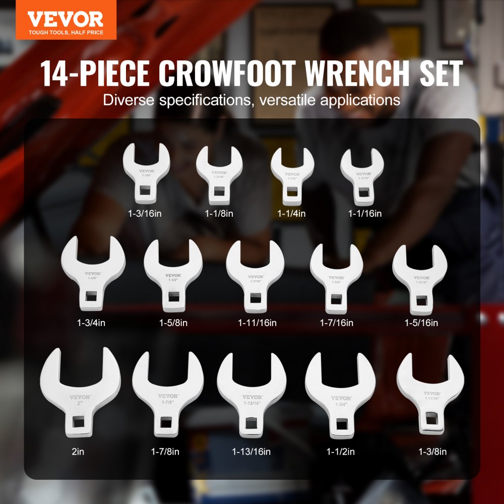 14-piece SAE crowfoot wrench set with 1/2-inch drive, sizes 1-1/16 to 2 inches, in white storage tray.