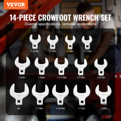 14-piece SAE crowfoot wrench set with 1/2-inch drive, sizes 1-1/16 to 2 inches, in white storage tray.