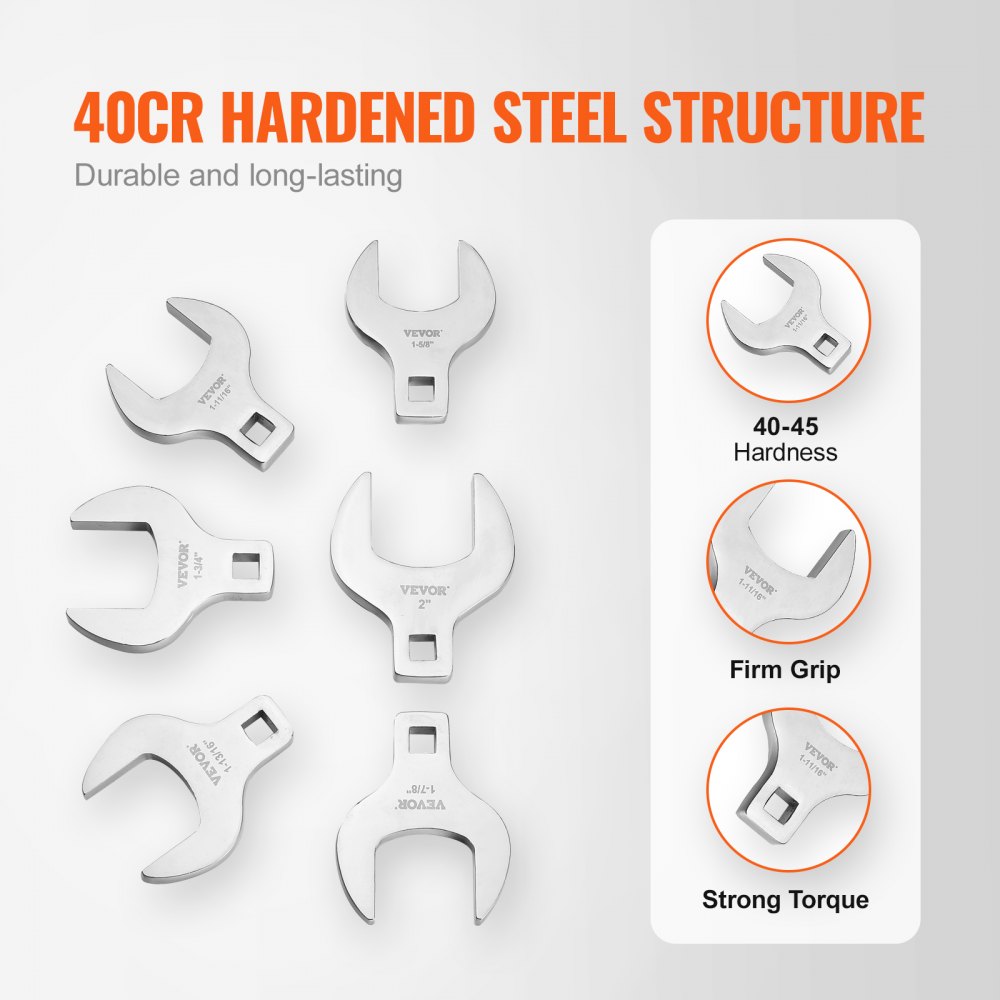 Set of six chrome-plated 40Cr steel crowfoot wrenches with various sizes and square drives.