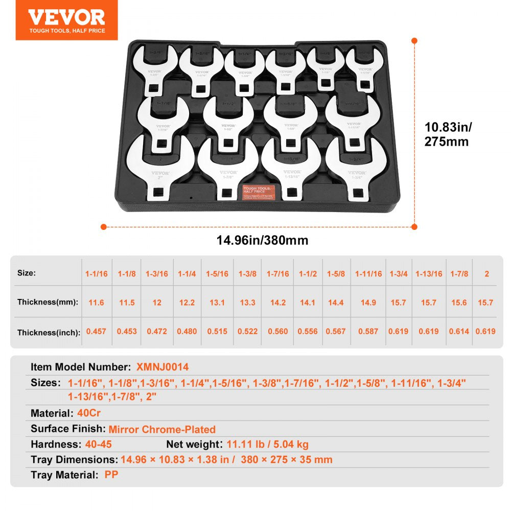14-piece SAE crowfoot wrench set in black storage tray with size labels.