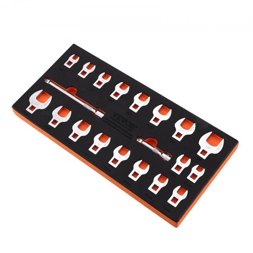 20-piece Bostome 3/8" drive crowfoot wrench set in SAE and metric sizes, with extensions, in a black and orange tray.