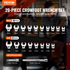 20-piece 3/8-inch drive crowfoot wrench set with SAE and metric sizes plus extension bars.