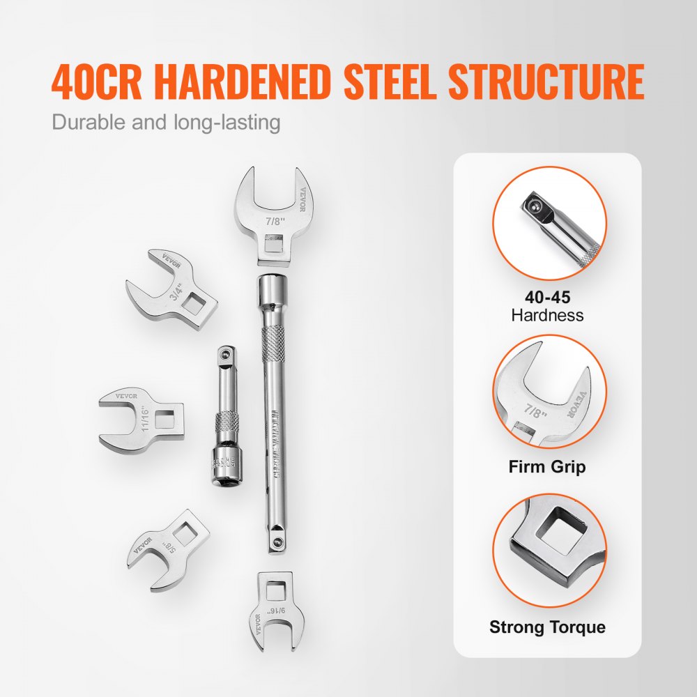 20-piece 3/8" drive crowfoot wrench set in 40Cr hardened chrome steel, SAE and metric sizes, with extensions.