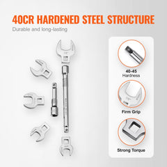 20-piece 3/8" drive crowfoot wrench set in 40Cr hardened chrome steel, SAE and metric sizes, with extensions.