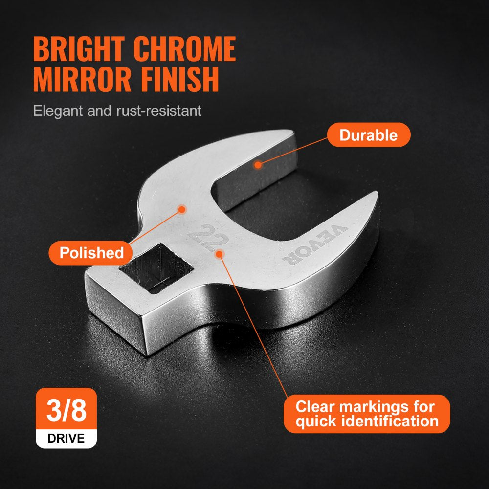 Close-up of a 3/8-inch drive crowfoot wrench with bright chrome mirror finish, polished surface, and clear size markings.