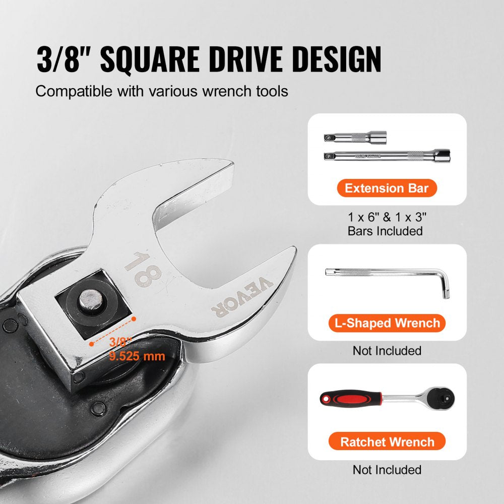 3/8" drive crowfoot wrench set with 20 SAE and metric pieces, chrome finish, and extension bars.
