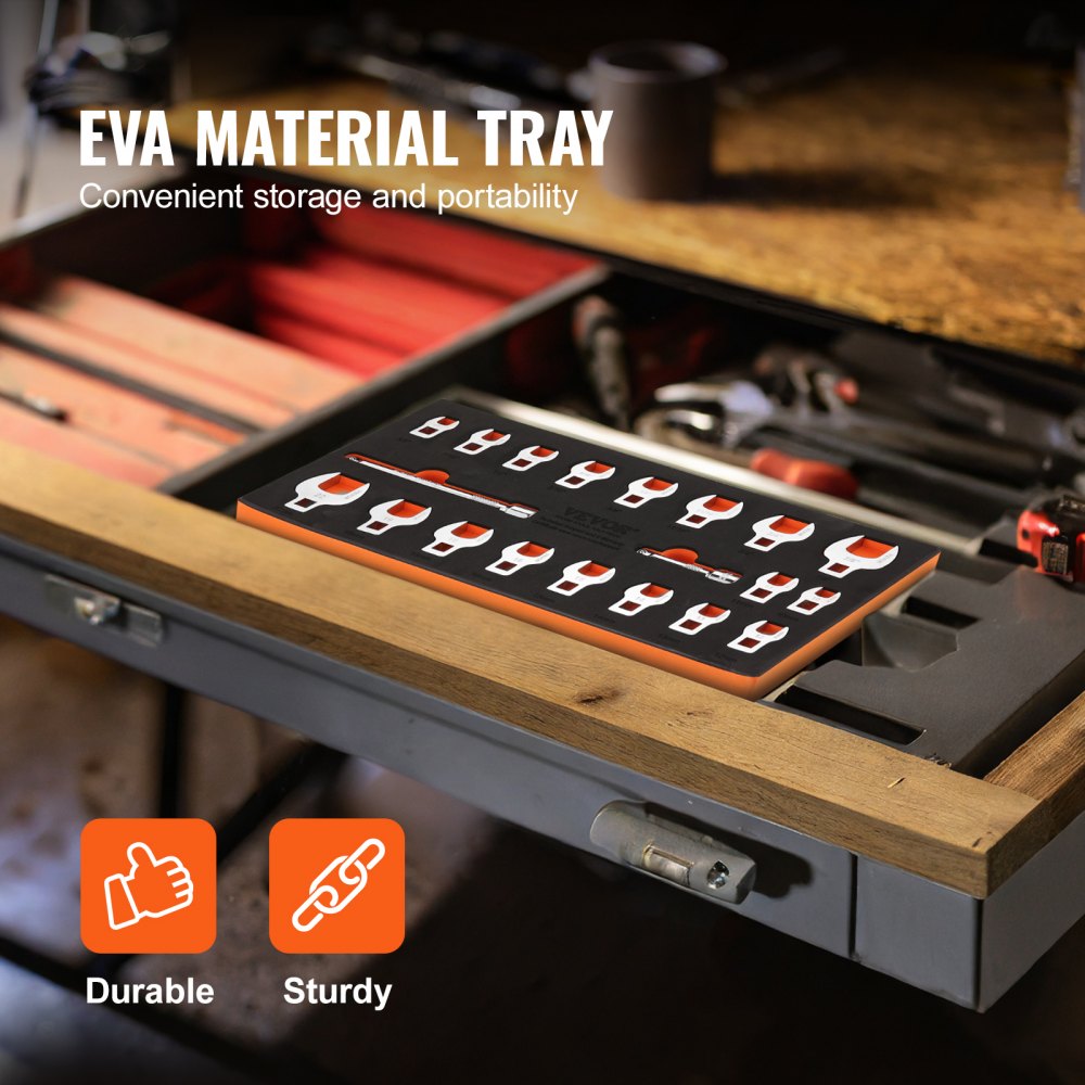 20-piece 3/8-inch drive crowfoot wrench set in SAE and metric sizes, organized in a black EVA tray with extension bars.