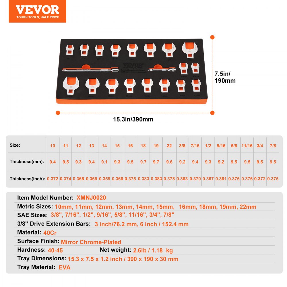 20-piece 3/8" drive crowfoot wrench set in SAE and metric sizes with chrome finish and extension bars.