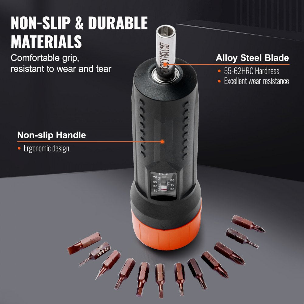 1/4" Drive Torque Screwdriver Wrench Set | 10-70 in-lbs Torque Adjustment Range | 1 in-lb Increment Torque Screwdriver | Driver Bits Set with View Window, 12 Bits & Case, Magnetic Function