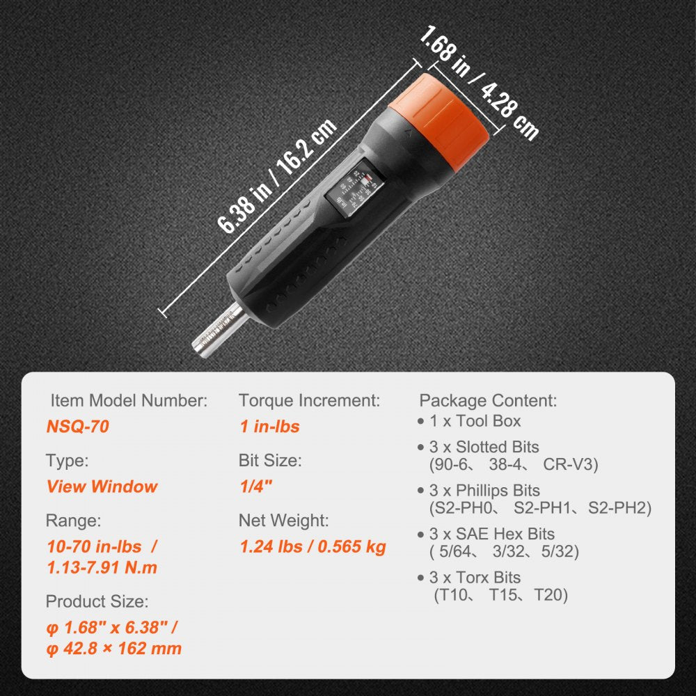 1/4" Drive Torque Screwdriver Wrench Set | 10-70 in-lbs Torque Adjustment Range | 1 in-lb Increment Torque Screwdriver | Driver Bits Set with View Window, 12 Bits & Case, Magnetic Function