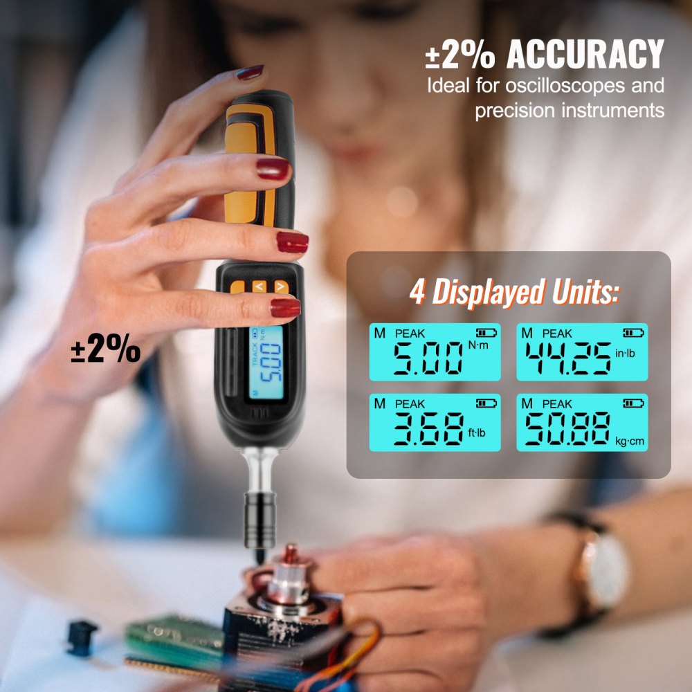Digital torque screwdriver with LCD display and 1/4" drive, includes 12 bits and storage case.