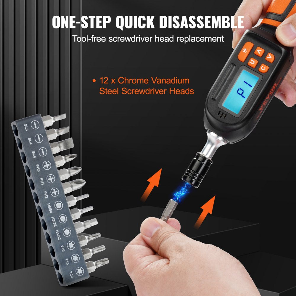 Digital torque screwdriver with LCD display, 1/4" drive, and 12 included bits.