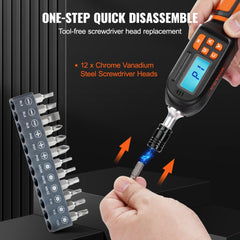 Digital torque screwdriver with LCD display, 1/4" drive, and 12 included bits.