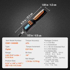 Digital torque screwdriver with LCD display, 1/4" drive, and 12 interchangeable bits.
