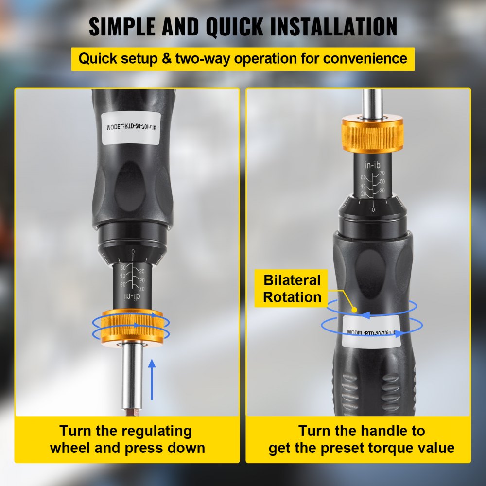 Adjustable torque screwdriver with a range of 20-70 in/lb and a durable rubber grip.