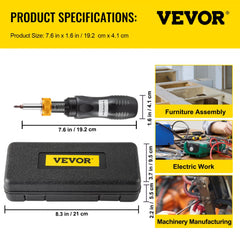 Adjustable torque screwdriver with a range of 20-70 in/lb and durable rubber grip.