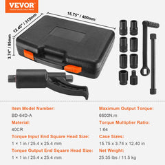 Torque Multiplier, 1 Inch Drive Lug Nut Wrench/Multiplier Heavy Duty Torque Multiplier Wrench Set, 1:64 6,800N.m Lug Nut Remover, Includes 8 Sockets (24-38mm) and Storage Case