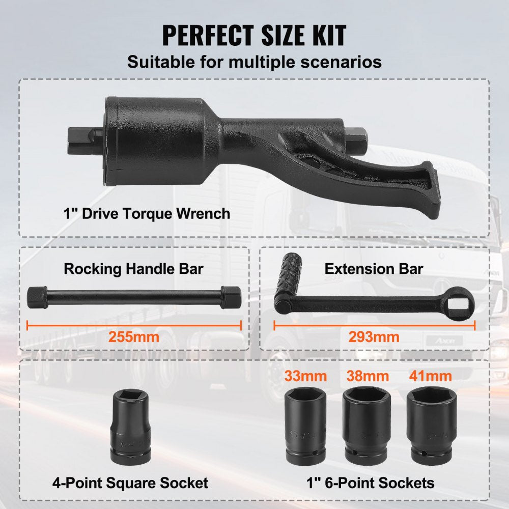 A 1-inch drive torque multiplier wrench set made of alloy steel, with 6800Nm capacity and four sockets in a storage case.