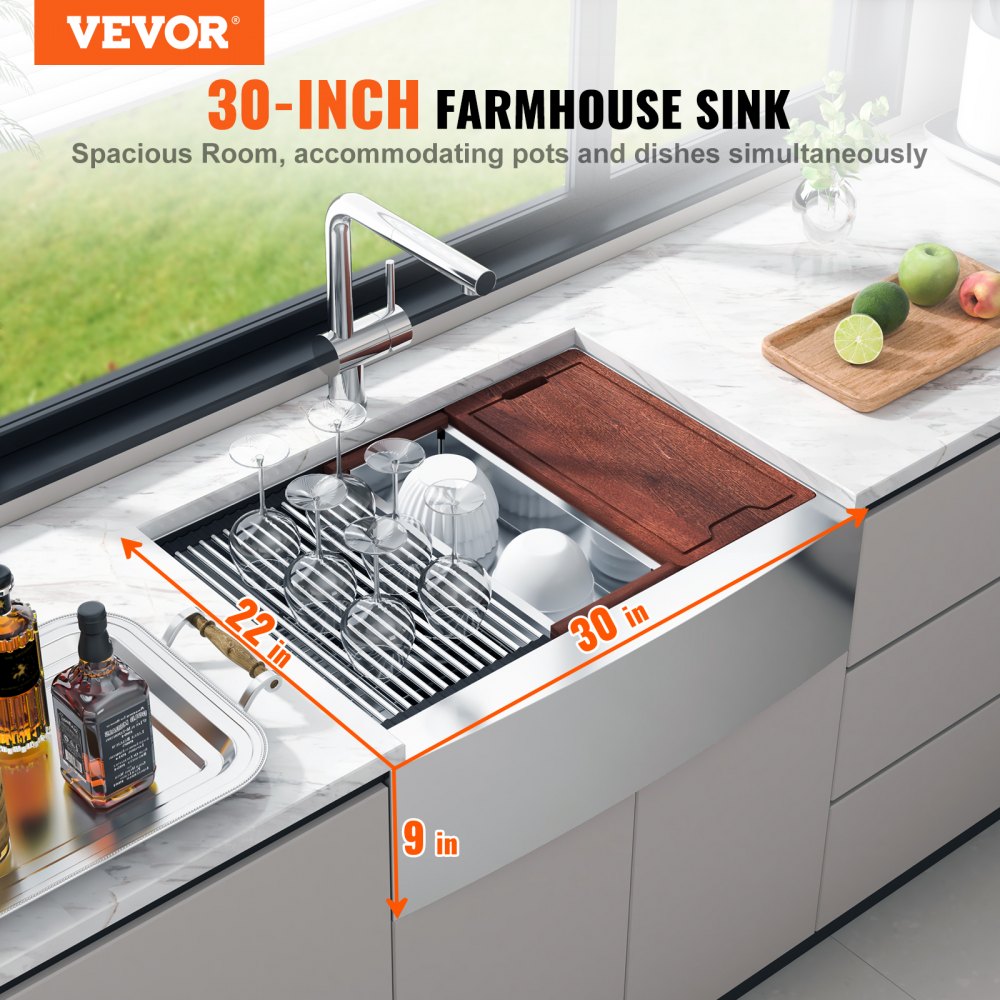 Farmhouse Kitchen Sink, 304 Stainless Steel Drop-In Sinks, Single Bowl Basin with Ledge & Accessories, Household Dishwasher Sinks for Workstation, Prep Kitchen, and Bar Sink, 30 inch