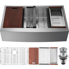 Farmhouse Kitchen Sink, 304 Stainless Steel Drop-In Sinks, Single Bowl Basin with Ledge & Accessories, Household Dishwasher Sinks for Workstation, Prep Kitchen, and Bar Sink, 36 inch