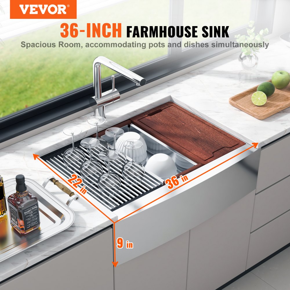 Farmhouse Kitchen Sink, 304 Stainless Steel Drop-In Sinks, Single Bowl Basin with Ledge & Accessories, Household Dishwasher Sinks for Workstation, Prep Kitchen, and Bar Sink, 36 inch