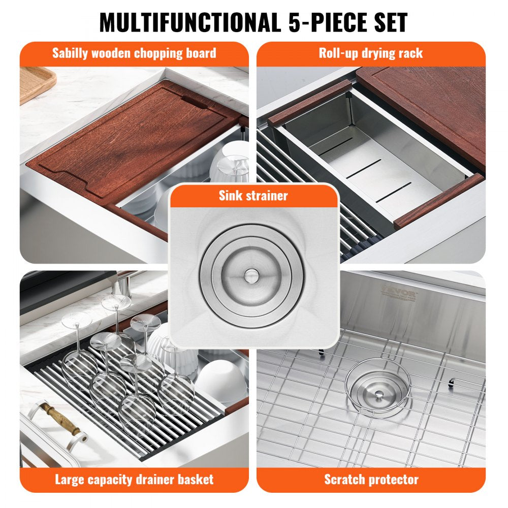 Farmhouse Kitchen Sink, 304 Stainless Steel Drop-In Sinks, Single Bowl Basin with Ledge & Accessories, Household Dishwasher Sinks for Workstation, Prep Kitchen, and Bar Sink, 36 inch