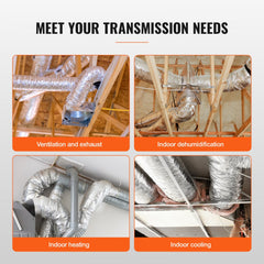 10-inch insulated flexible dryer vent duct, 25 feet long with R6.0 rating, shown in HVAC installations.