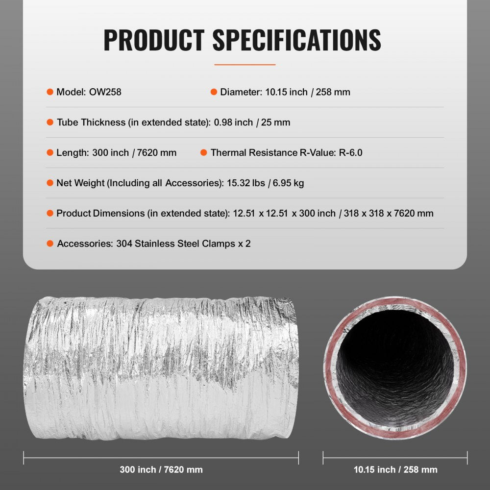 10-inch insulated flexible dryer vent duct, 25 feet long with R6.0 rating.