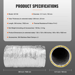Dryer Vent Hose, 5`` Insulated Flexible Duct 25FT Long with 2 Duct Clamps, Heavy-Duty Three Layer Protection for HVAC Heating Cooling Ventilation and Exhaust, R-4.2 Flame Resistance Value