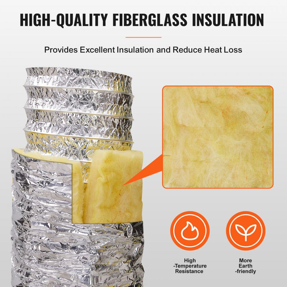 Insulated 6-inch flexible dryer vent duct hose, 25 feet long, with durable triple-layer construction.