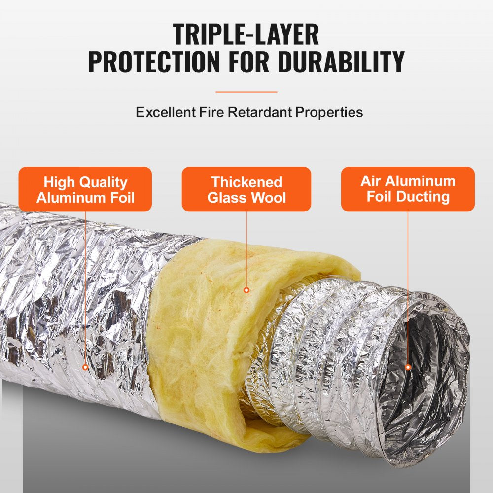 Insulated flexible dryer vent duct hose, 6 inches in diameter, 25 feet long, with triple-layer protection.