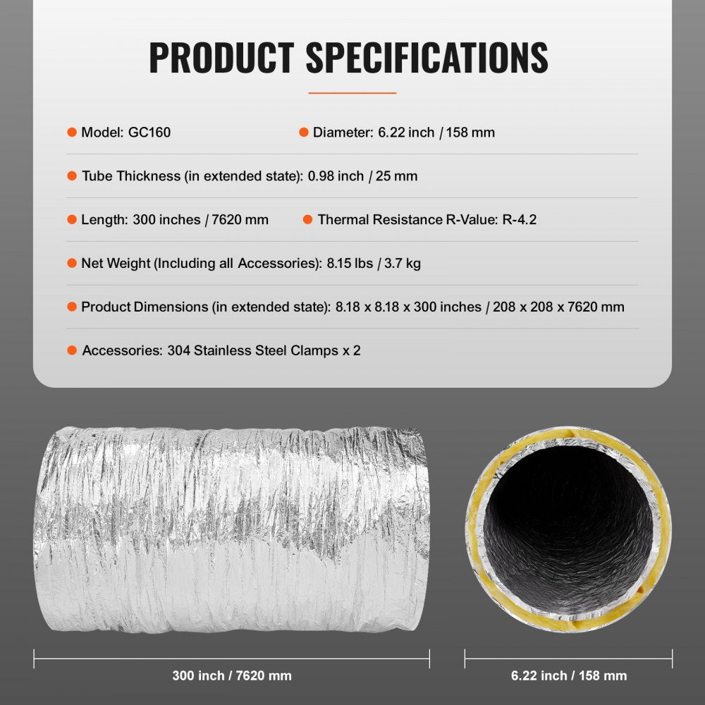 Insulated 6-inch flexible dryer vent duct hose, 25 feet long, with triple-layer construction.