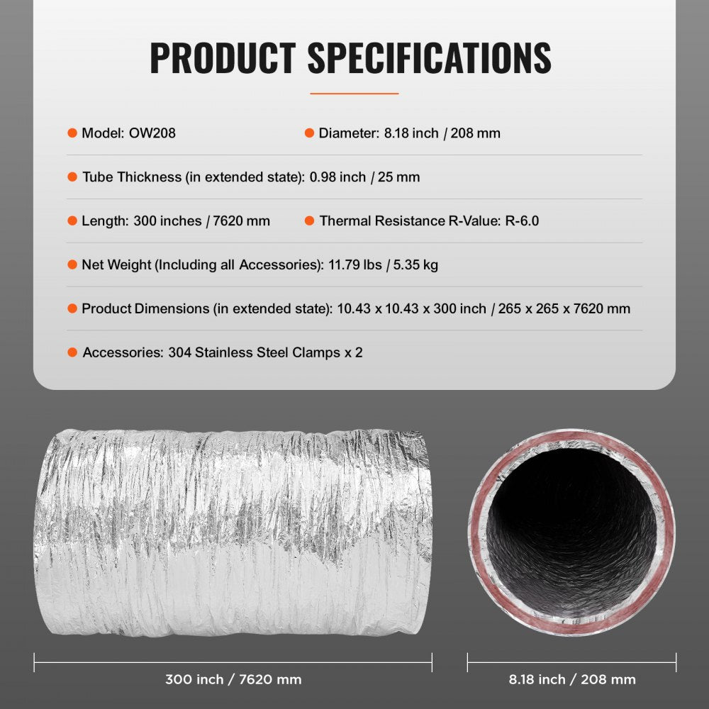 Bostome 8-inch insulated dryer vent hose, 25 feet long, with flexible aluminum and fiberglass layers.