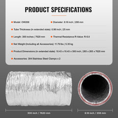 Bostome 8-inch insulated dryer vent hose, 25 feet long, with flexible aluminum and fiberglass layers.