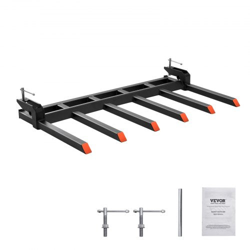 Black clamp-on debris forks with six orange-tipped tines for a 60-inch bucket.