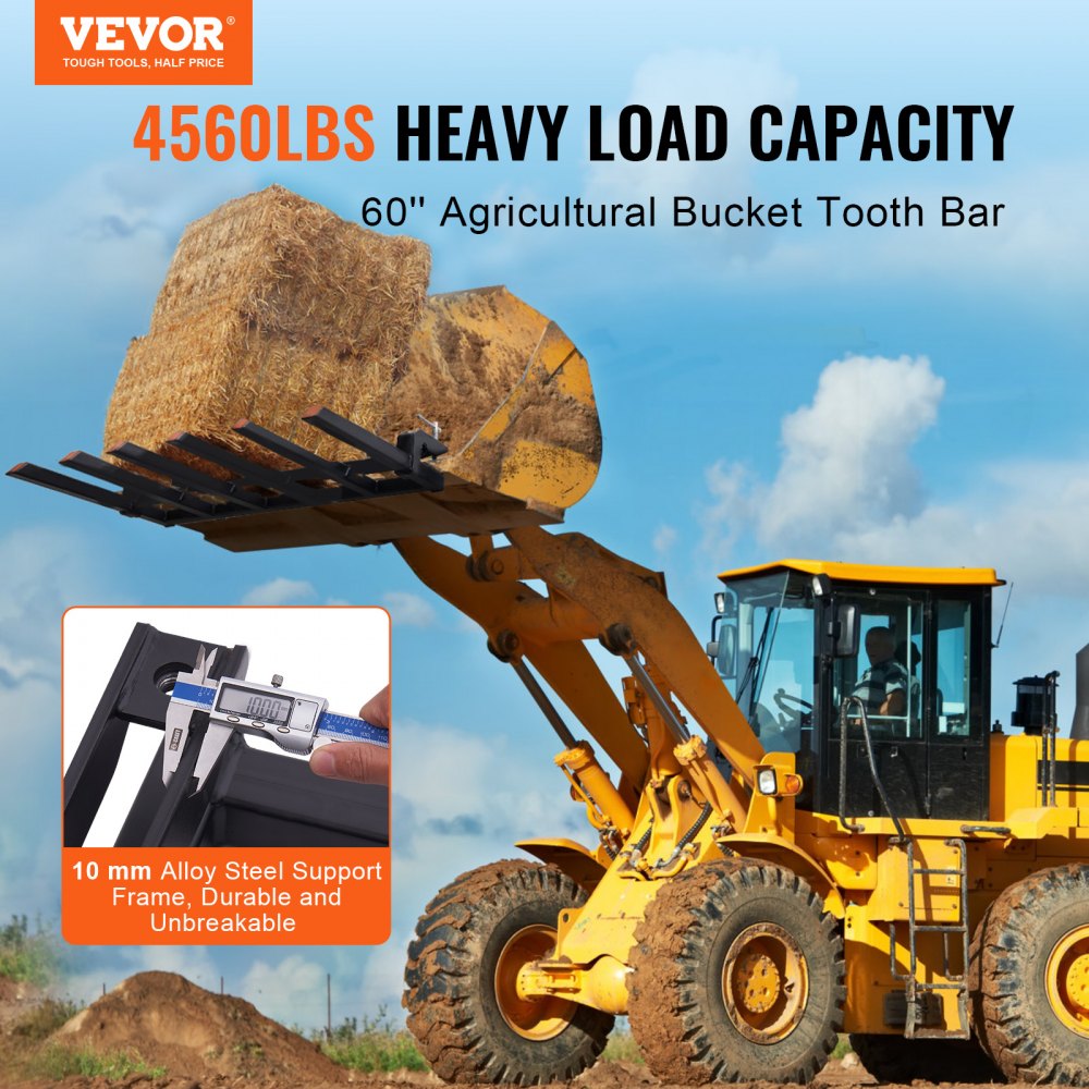 Clamp-on debris forks for 60-inch bucket with 4560 lbs capacity and alloy steel tines.