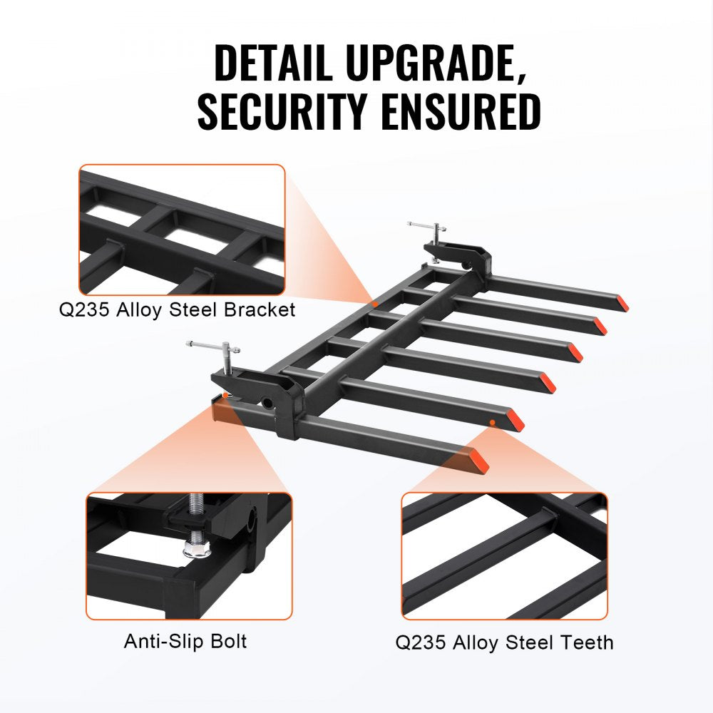 Clamp-on debris forks with six Q235 alloy steel tines for 60-inch buckets.