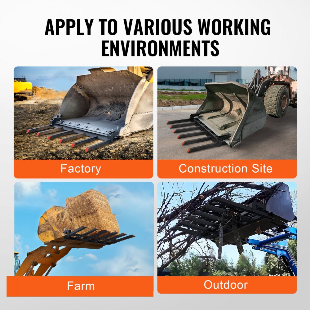 Clamp-on debris forks with red tines attached to a 60-inch excavator bucket, shown in factory, construction, farm, and outdoor settings.