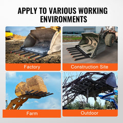 Clamp-on debris forks with red tines attached to a 60-inch excavator bucket, shown in factory, construction, farm, and outdoor settings.