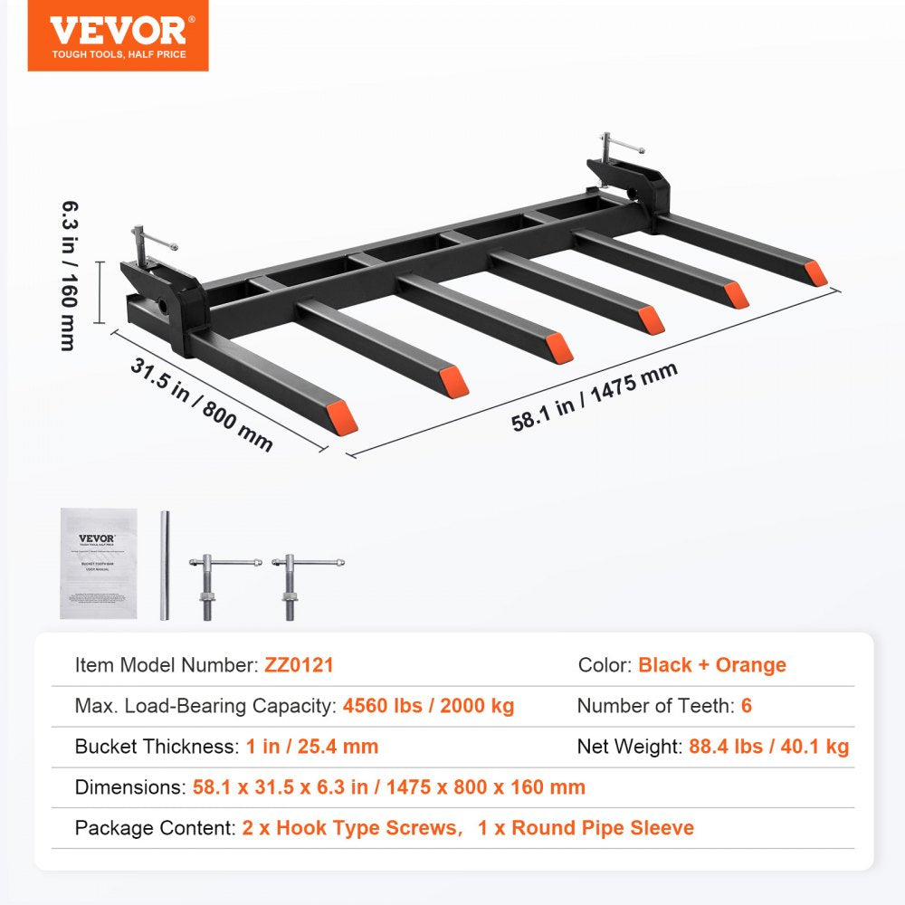 Black and orange clamp-on debris forks with six tines for 60-inch bucket, steel construction.