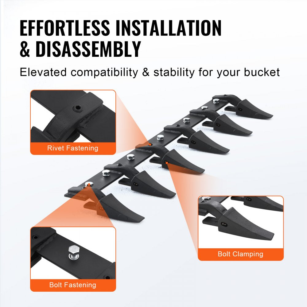 48-inch heavy-duty bucket tooth bar with 6 teeth and rivet or bolt fastening options.