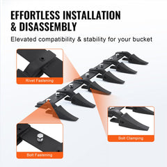 48-inch heavy-duty bucket tooth bar with 6 teeth and rivet or bolt fastening options.