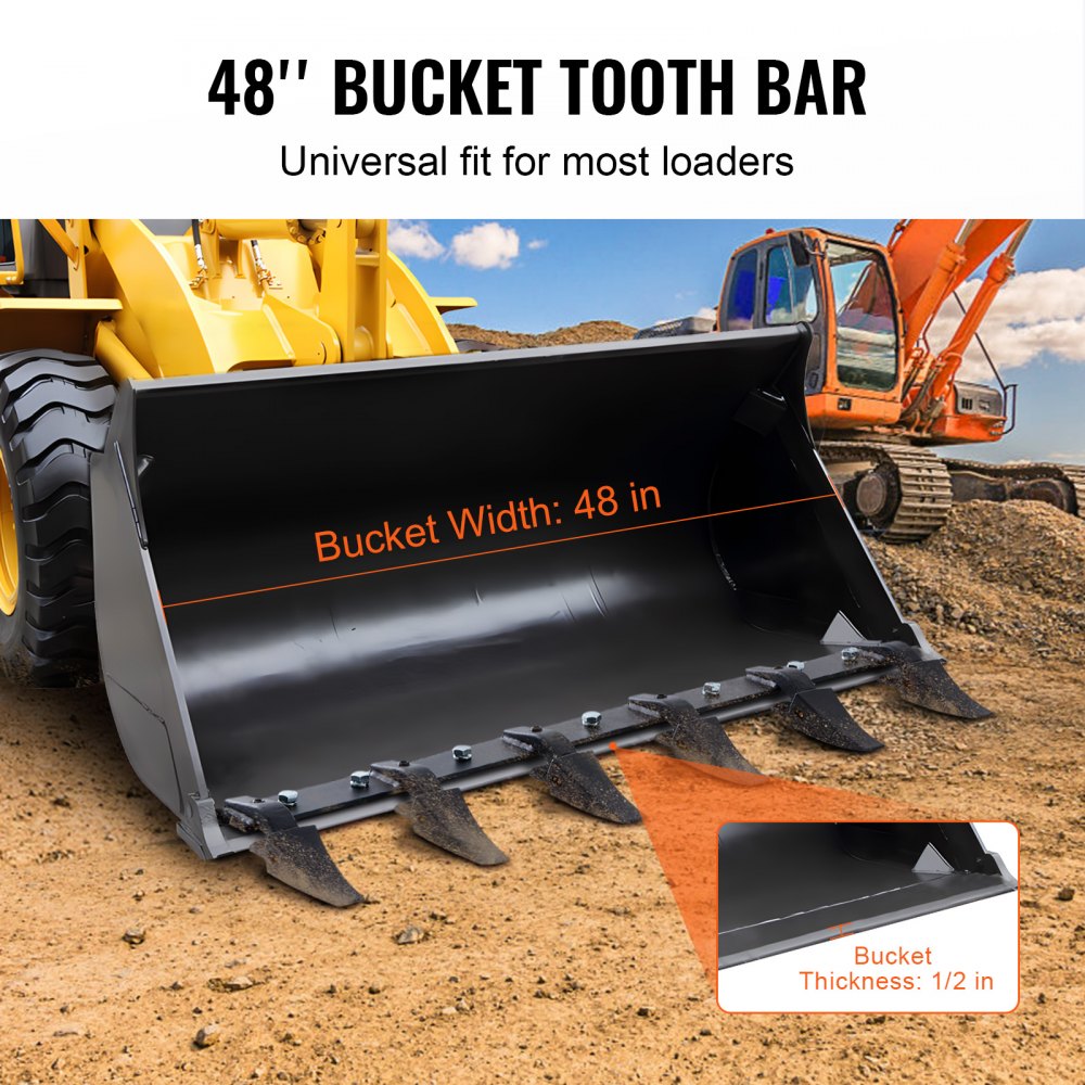A 48-inch heavy duty bucket tooth bar with 6 teeth for loaders, rated 4560 lbs.
