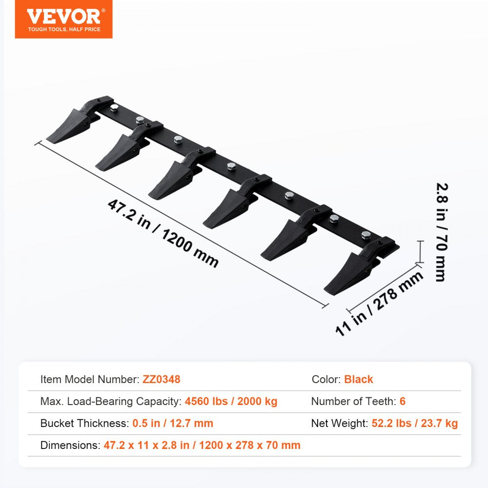 48-inch heavy duty bucket tooth bar with 6 black teeth, rated for 4560 lbs.