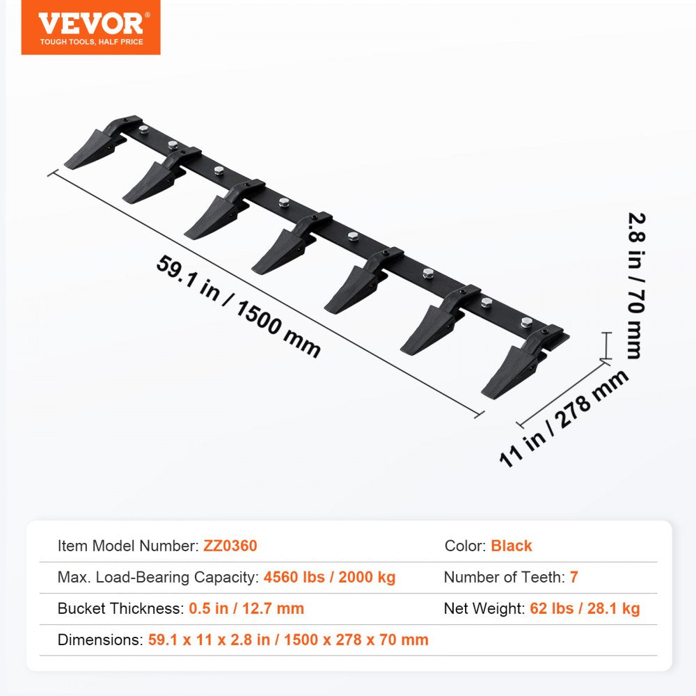 60-inch heavy-duty bucket tooth bar with 7 teeth and a bolt-on design for loaders.