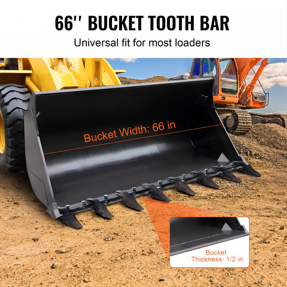 Bucket Tooth Bar, 66``, Heavy Duty Tractor Bucket 8 Teeth Bar for Loader Tractor Skidsteer, 4560 lbs Load-Bearing Capacity Bolt On Design, for Efficient Soil Excavation and Bucket Protection