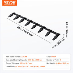 Bucket Tooth Bar, 66``, Heavy Duty Tractor Bucket 8 Teeth Bar for Loader Tractor Skidsteer, 4560 lbs Load-Bearing Capacity Bolt On Design, for Efficient Soil Excavation and Bucket Protection