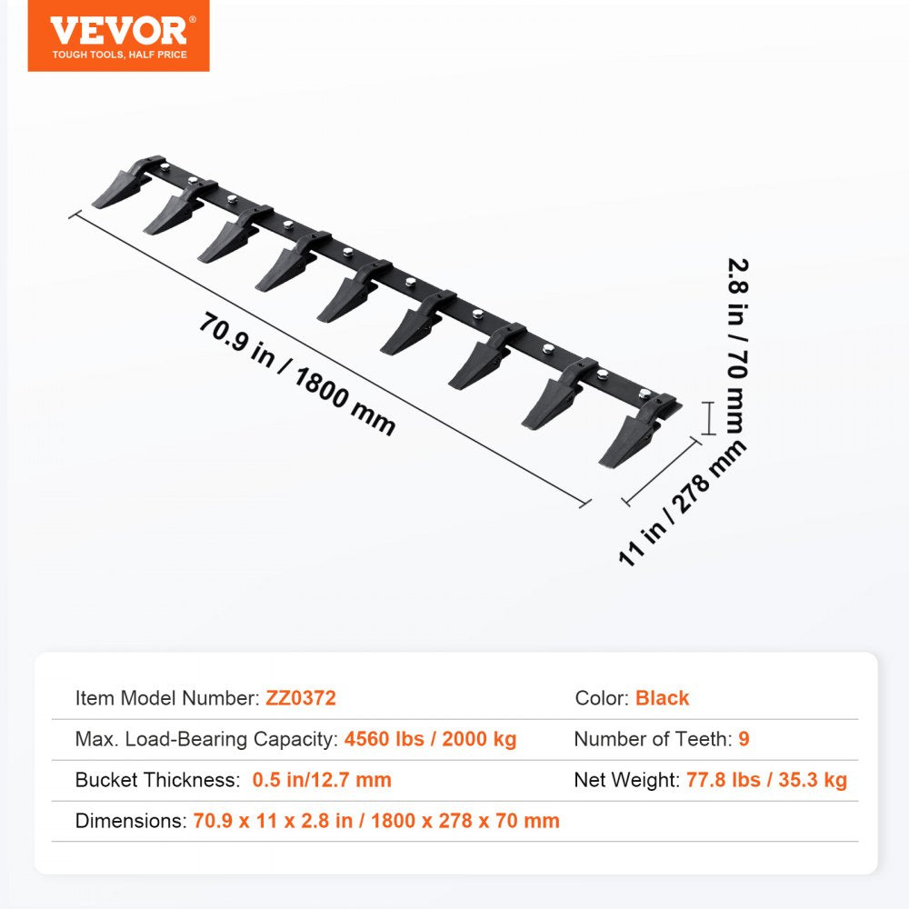 Bostome 72" heavy duty bucket tooth bar with 9 teeth for tractor loader attachment.