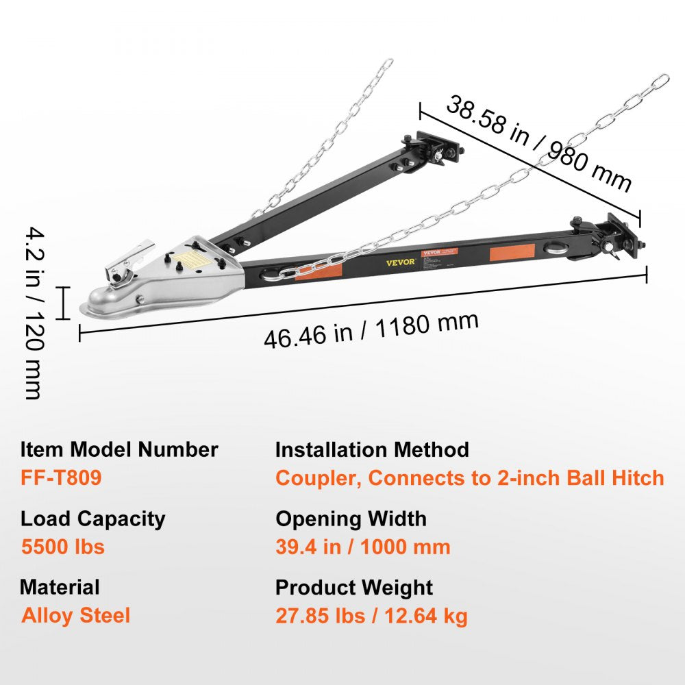 Tow Bar, 5500 lbs Towing Capacity with Chains, Powder-Coating Alloy Steel Bumper-Mounted Universal Towing Bar, Coupler Fits 2-Inch Ball Hitch, 39.4-Inch Opening Width, for RV Car Trailer Truck